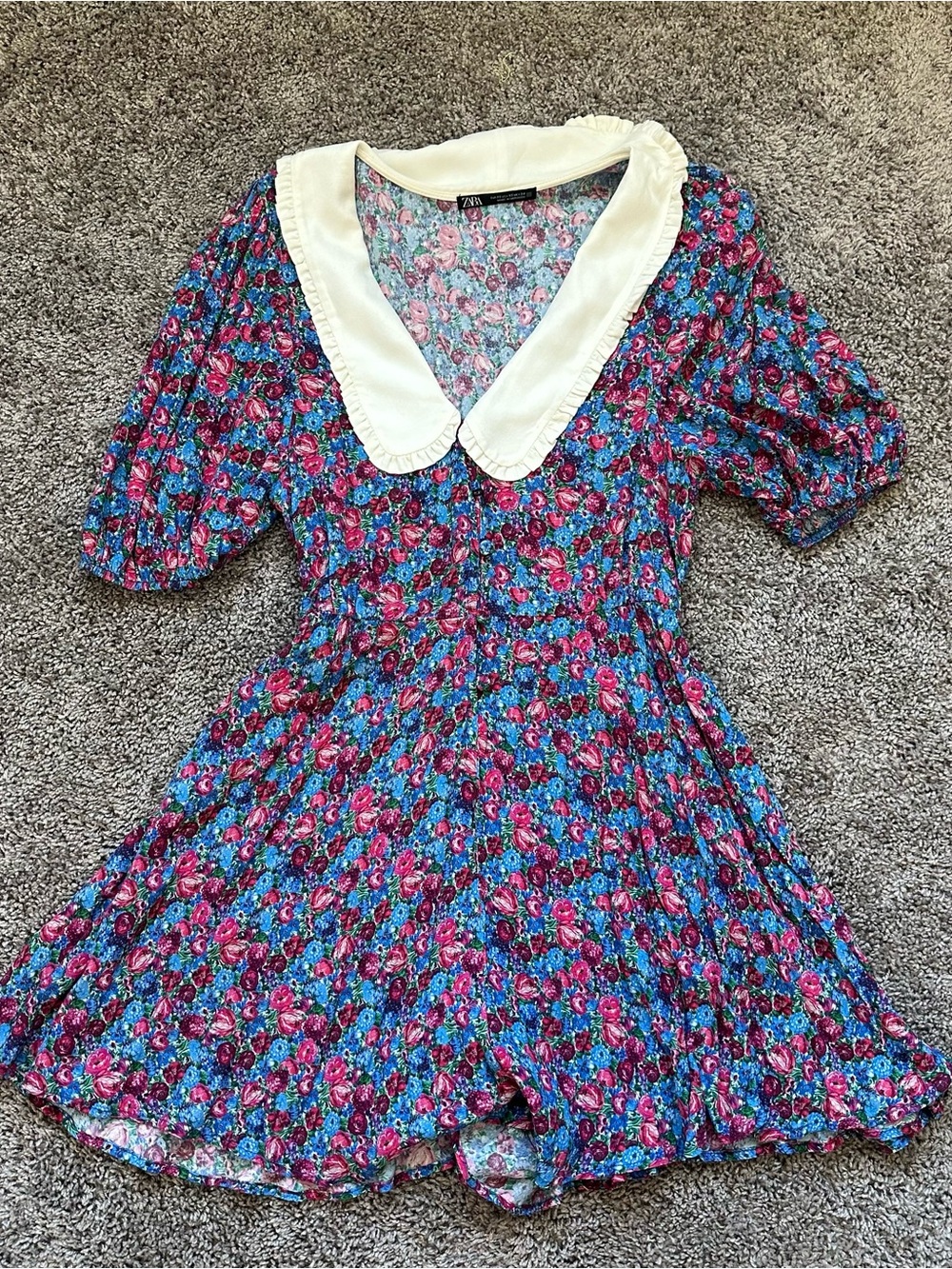 Zara Floral Mini Dress with White Peter Pan Collar - Blue & Pink